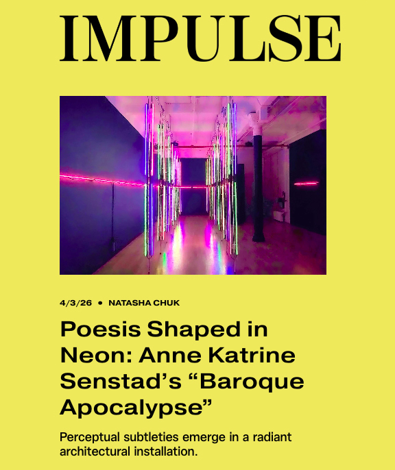 Baroque Apocalypse features two components: a large-scale neon light sculpture, the ninth in Norwegian interdisciplinary artist Anne Katrine Senstad’s spatial neon series ELEMENTS (2018–); and a four-channel sound environment created for this installation by the renowned composer and longtime collaborator JG Thirlwell. Together, they operate as interdependent forces that guide the viewer’s sensory and temporal experience.